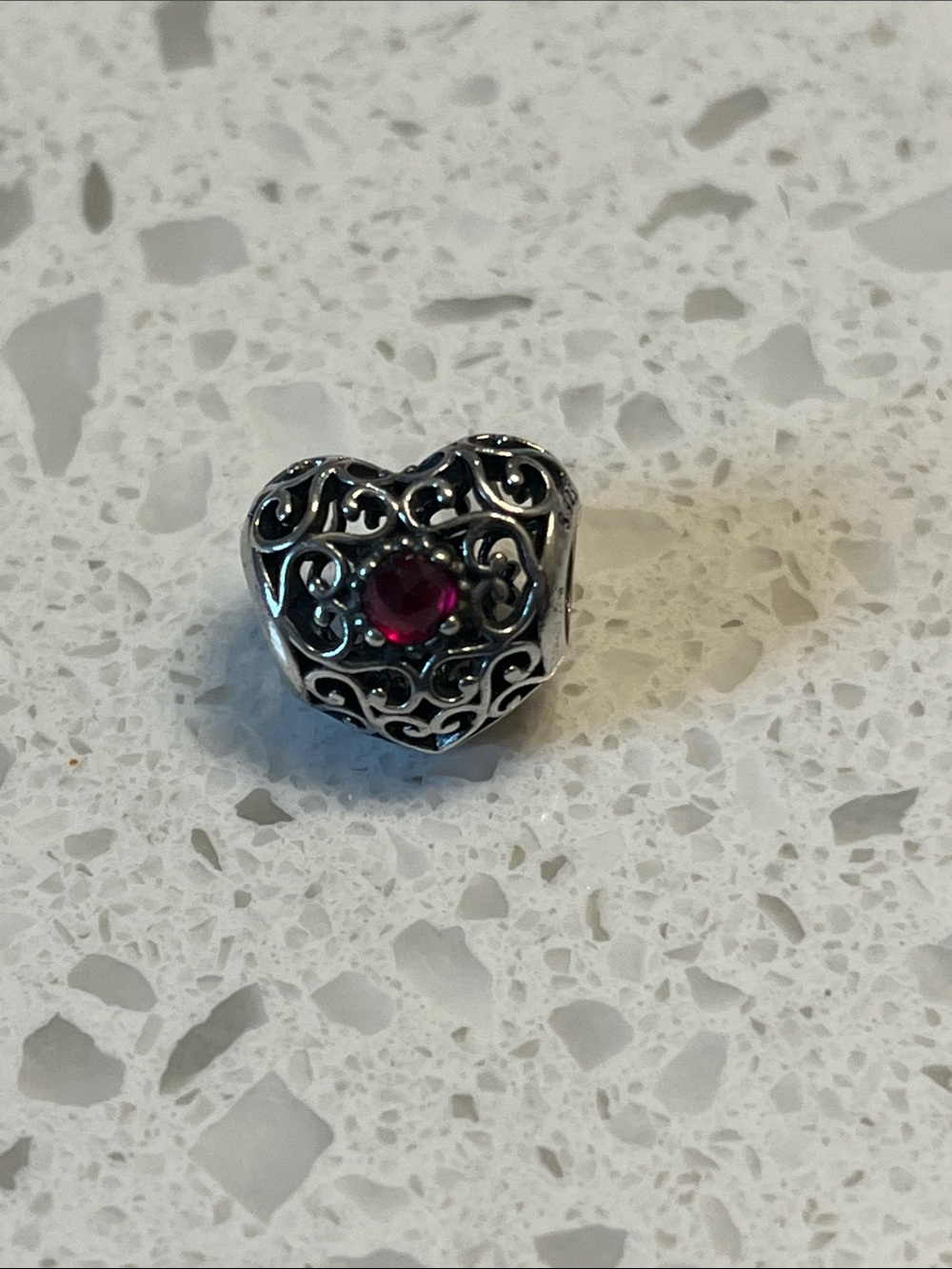 Sterling Silver Heart Filigree Charm with ruby birthstone Pandora charm